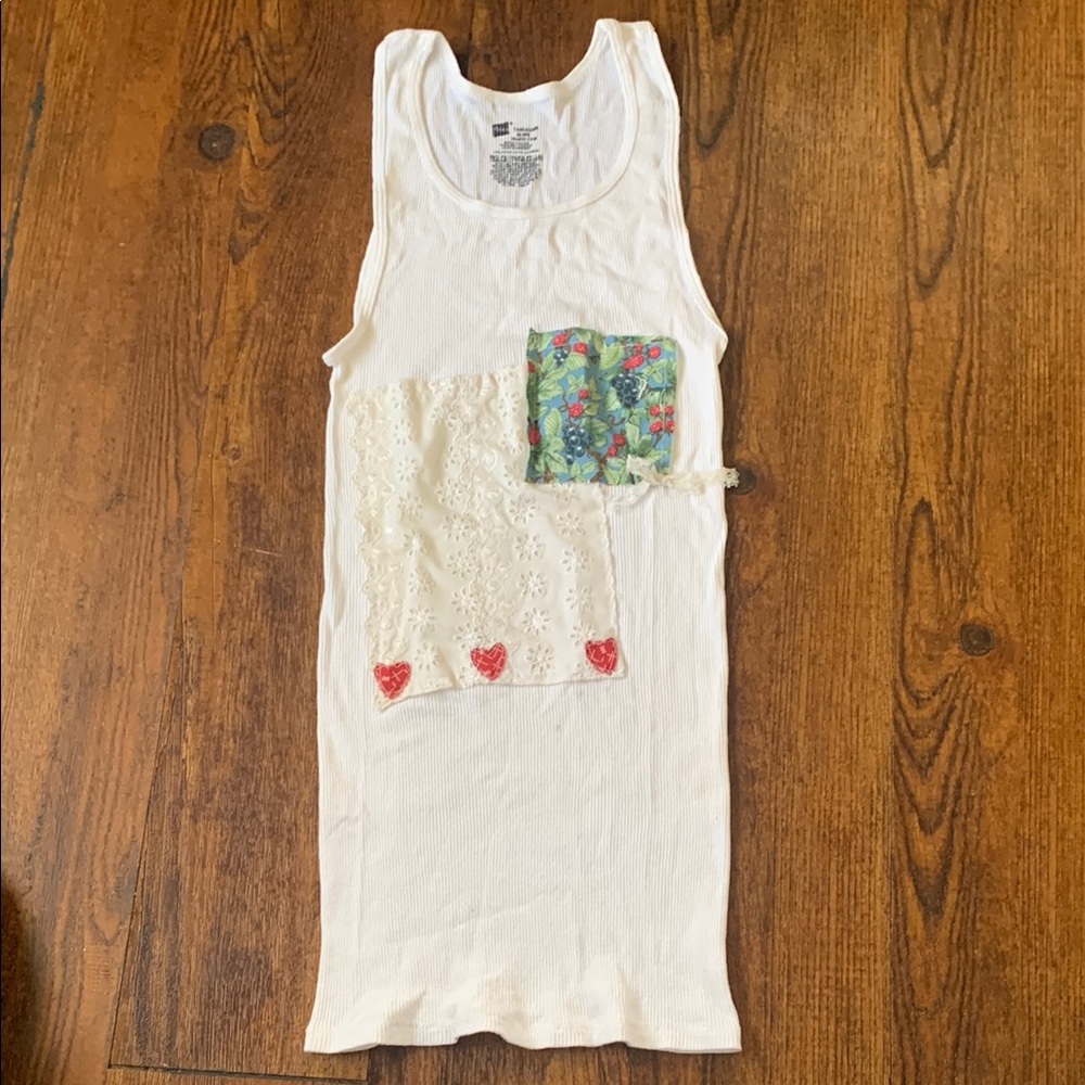 Upcycled White Ribbed Tank Top with Lace & Berries Patchwork | Cottagecore M